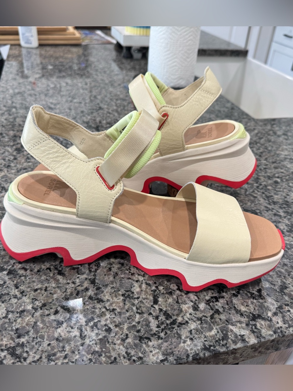 Sorel Cream Platform Sandals with Pink Sole and Lime Accents size 11
